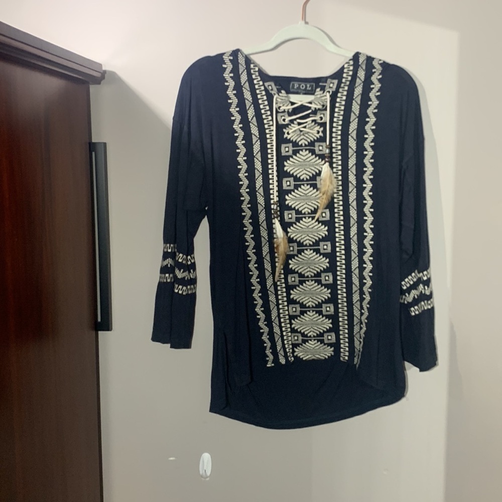 Black embroidery POL blouse ivory stitching  cotton poly spandex size small